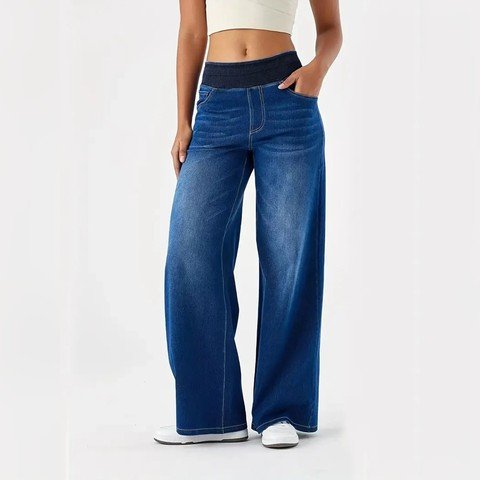 Woman wearing the Pull-On Wide Leg Jeans in mid blue wash
